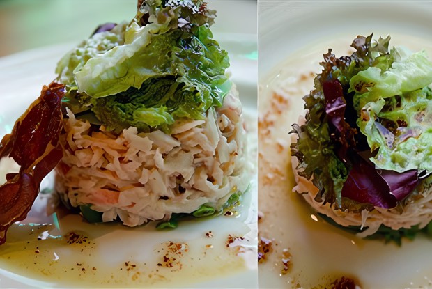 Салат из авокадо и крабового мяса под кедровым соусом с гренкой из хамона