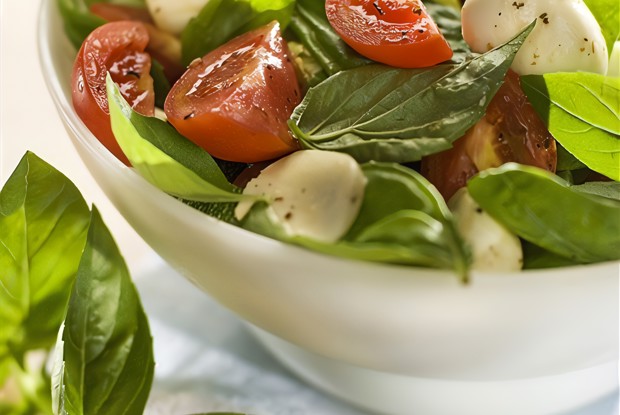 Салат из помидоров, моцареллы и базилика с горчичной заправкой