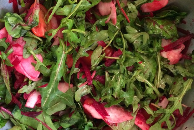 Салат из репы с мангольдом и рукколой с медово-горчичной заправкой
