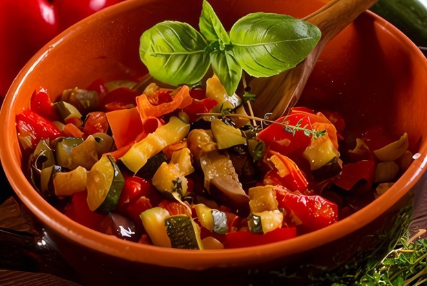 Салат из запеченых овощей и крутонов