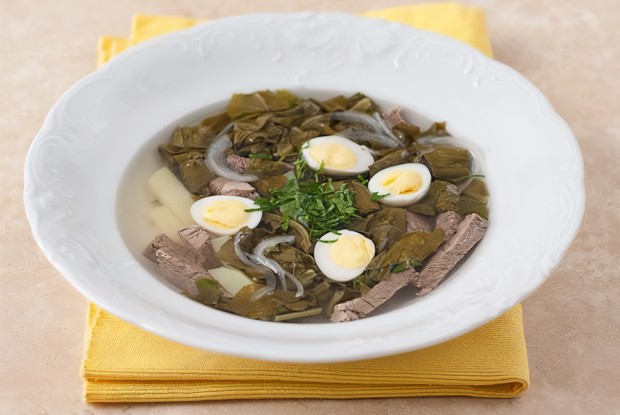 Щи щавелевые с говядиной и перепелиными яйцами