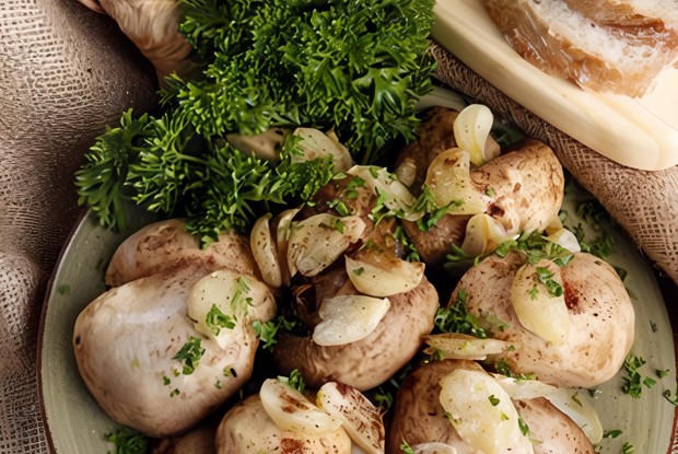 Шляпки грибов на гриле с чесноком и зеленью