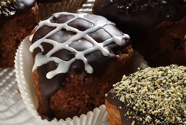 Шоколадные капкейки в гладкой шоколадной глазури с белыми узорами