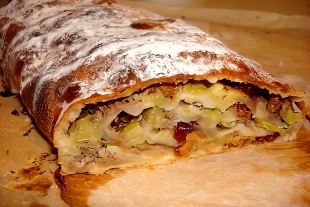 Штрудель с ревенем, сушеной клюквой и грецкими орехами