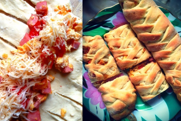 Слоеная косичка с колбасой, помидорами и сыром