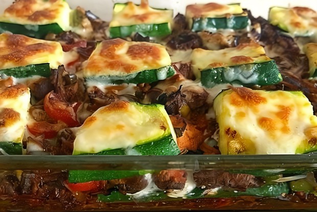 Слоеная овощная запеканка с курицей