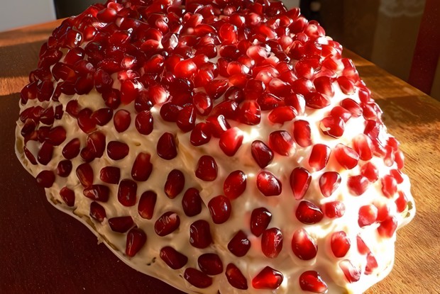 Слоеный салат с картофелем, мясом и орехами