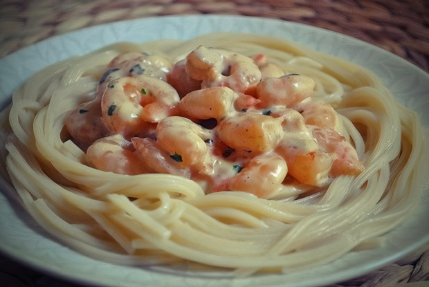 Спагетти с креветками в сливочно-коньячном соусе