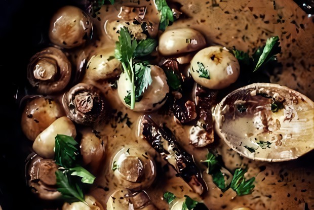 Свиная вырезка с грибным соусом и пюре с хреном