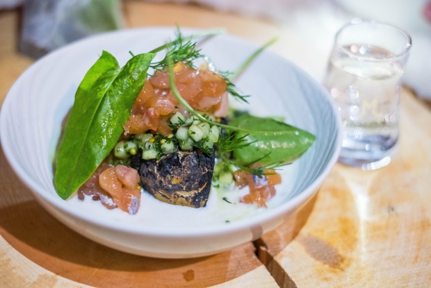 Тартар из форели с сальсой из огурца, укропа и зернистой горчицы, соусом сливочный хрен и картофелем