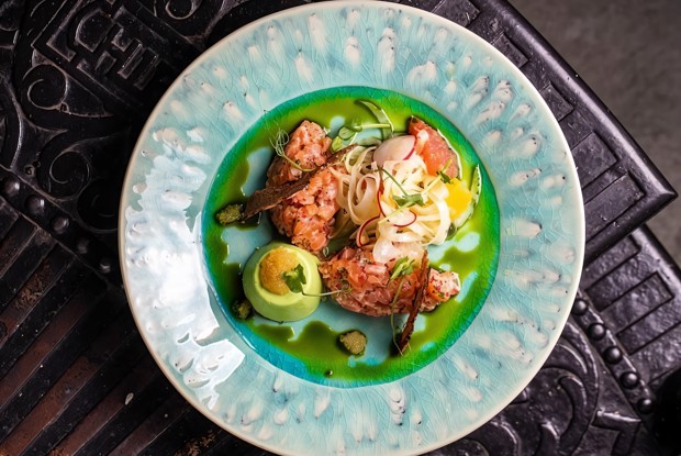 Тартар из лосося с панна-коттой из кефира и укропа, салатом из фенхеля и апельсином