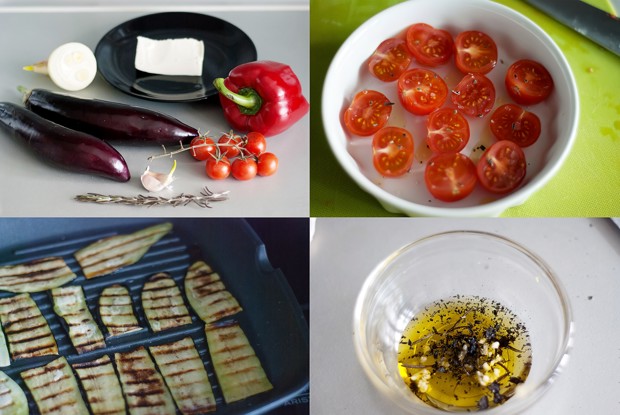 Теплый салат из баклажанов и болгарского перца с фетой