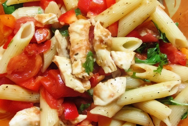 Теплый салат из пасты, курицы и шпината