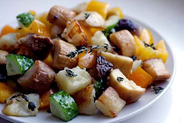 Теплый салат с королевскими вешенками, обжаренным картофелем и тимьяном