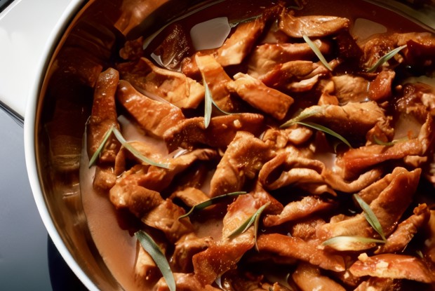 Тушеная свинина с яблоками, грибами и кальвадосом