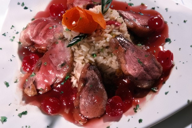 Утка с соусом из сушеной вишни, куриных потрошков и портвейна