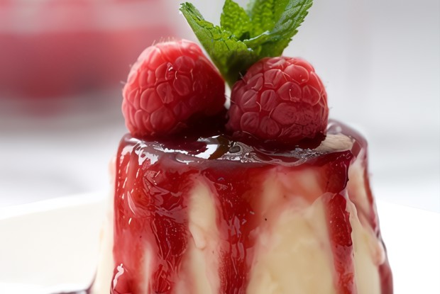 Ванильная панна-котта с ягодным компотом и малиной