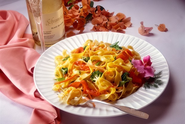 Вермишель с чили, брокколи и манго