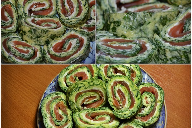 Яичный рулет с лососем и шпинатом