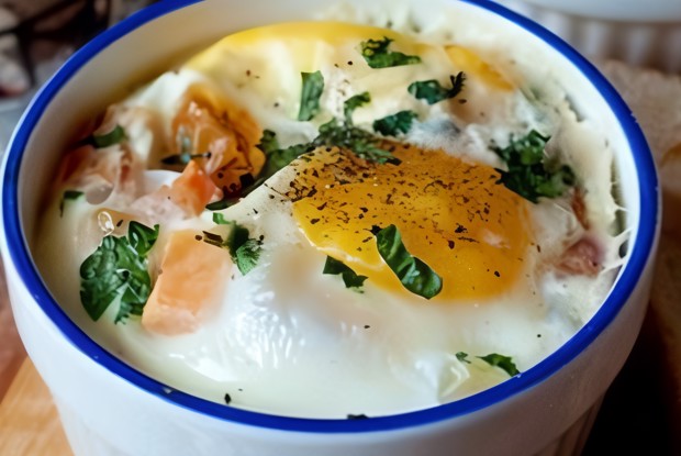 Запеченные яйца с беконом и томатами