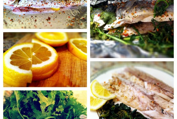 Запеченный сибас с травами и шпинатом