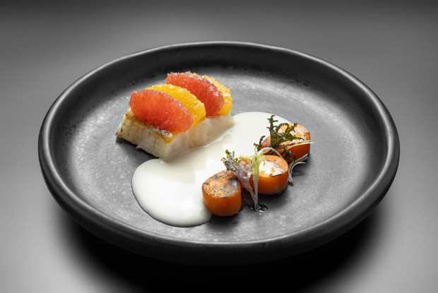 Запеченный палтус с цитрусовыми и соусом из яблок и хрена