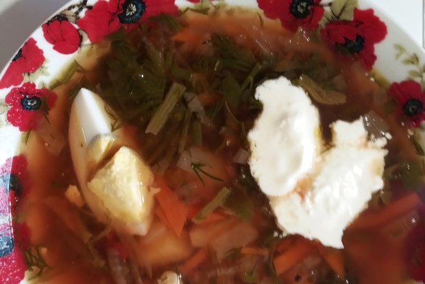 Зеленый борщ со стрелками чеснока