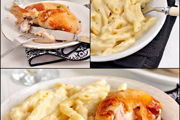 Жареная курица с чесночным соусом и пенне в сырно-сливочном соусе