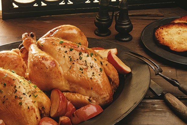 Золотистая курица с яблоками, луком и шалфеем