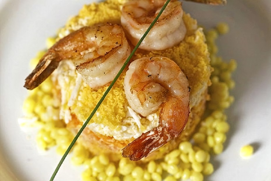 Фото рецепта Мимоза с креветками и морковным майонезом