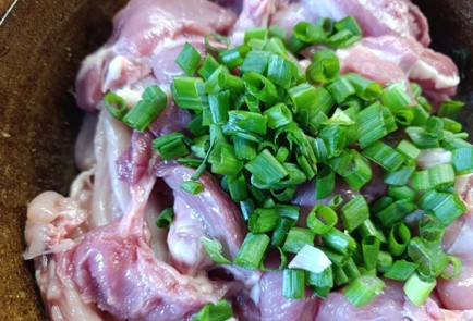 Фото шага рецепта Бедро индейки на сковороде с болгарским перцем и луком в соевом соусе 190613 шаг 7  