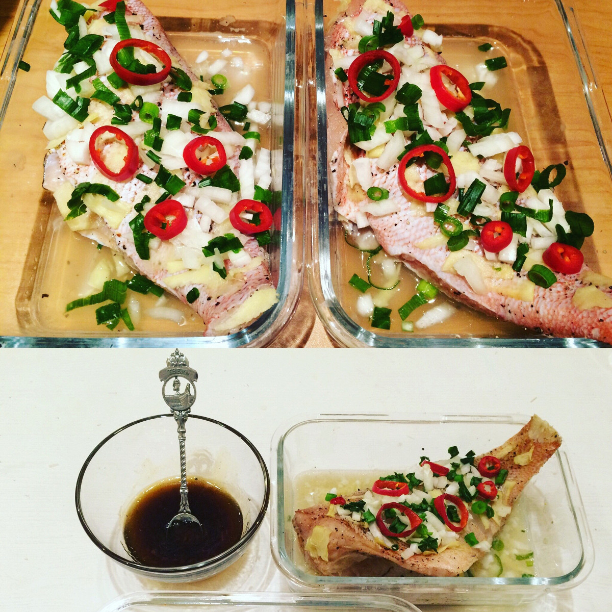 Фото рецепт Морской окунь с имбирем, острым перцем и соусом в стиле чжунго