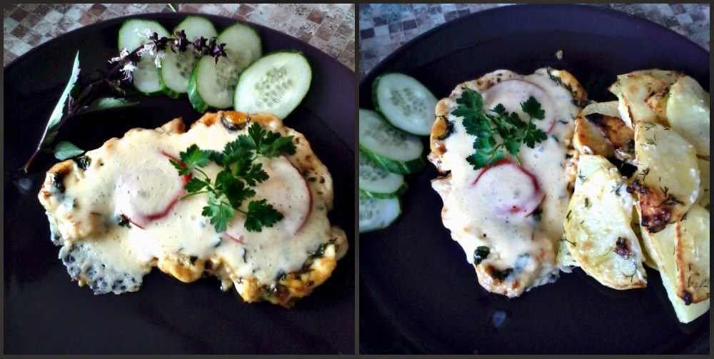 Фото рецепт Нежная отбивная из куриной грудки под овощами с сыром и оливками