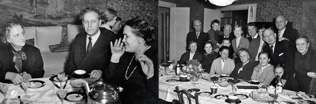 Слева: Дмитрий Сергеевич ­Лихачев с матерью (слева) и женой ­Зинаидой (справа). Справа: большое семейство Лихачевых во время одного из семейных ­застолий.