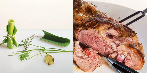 Букет гарни — это тимьян, петрушка и лавровый лист, завернутые в порей. Чтобы срезать баранину с кости, используйте нож с тонким лезвием.