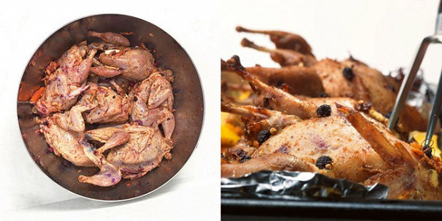 Перепелок в маринаде надо время от времени перемешивать. На взрослого человека нужно минимум две перепелки в порции.