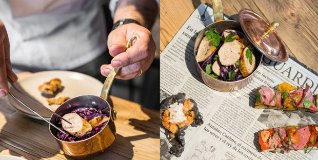 Еда в AQ Kitchen — как всегда у Кетгласа — яркая и праздничная как на вид, так и на вкус. Это — сет из тапас, главную роль в котором играет хересный шукрут из краснокочанной капусты с колбасками. 