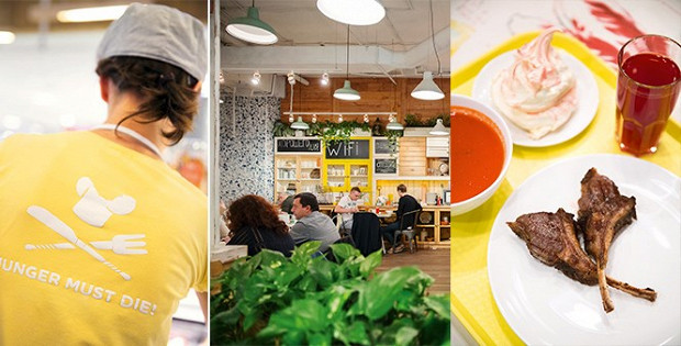 Люди, причастные к непосредственной передаче еды потребителям, одеты так, чтобы потребители непременно захотели съесть еще что-нибудь. В дизайне «Обедбуфета», полном пряностей и радостей, сразу узнается рука «Гинзы»: жизнь ежеминутно должна быть праздником. Ребрышки новозеландского барашка, горячий томатный суп, безе и опять же морс.