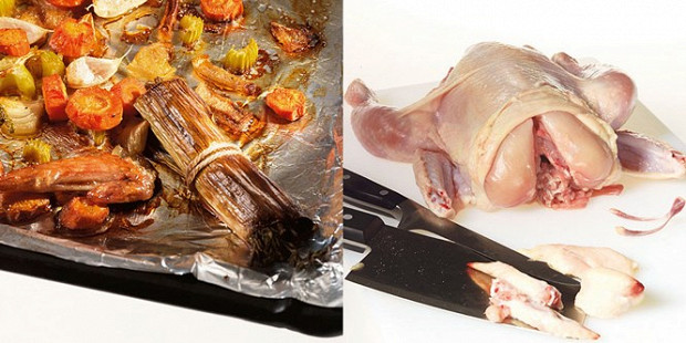 Для аромата на противень высыпают овощи и бросают букет гарни. У курицы удаляют жир; можно еще отрубить фалангу крыльев.