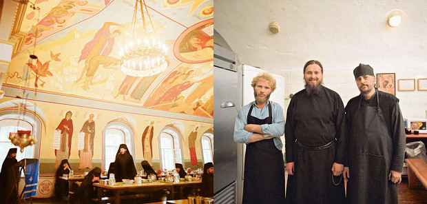 Монастырская трапезная рассчитана на пару сотен человек, посещение обедов и ужинов — обязательное, если только у монаха нет уважительных причин отсутствовать. Завкухней отец Даниил (в центре) со своими коллегами по гастрономическому цеху.