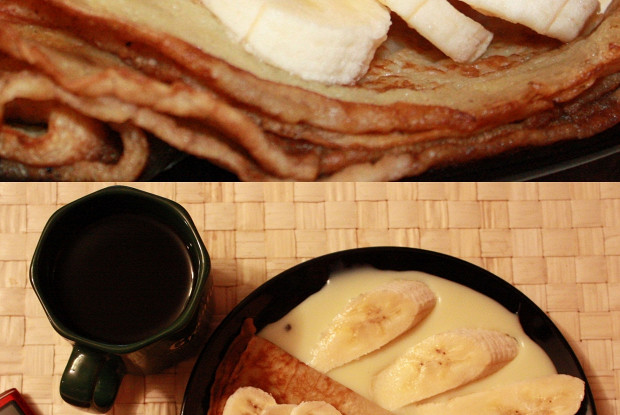 Фото рецепт Блинчики на молоке со сгущенкой и бананами